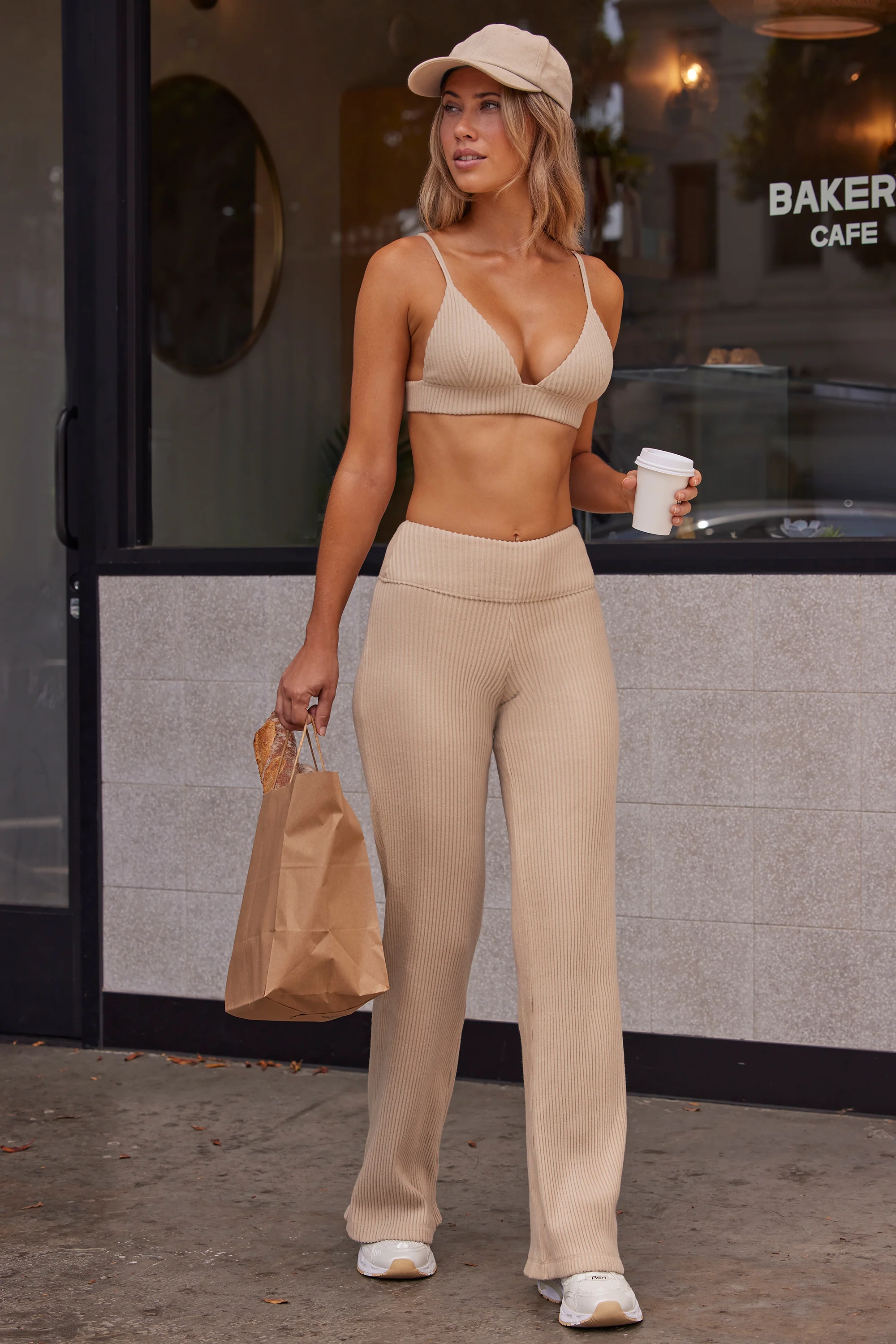 Soft Rib High Waist Wide Leg Fold Over Trousers in Sand - Image 8