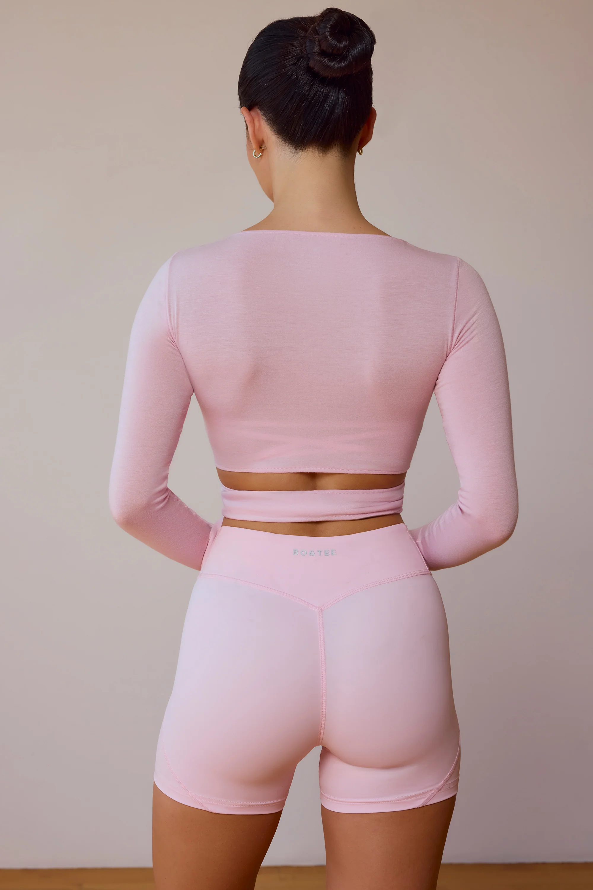 Long-Sleeve Wrap Crop Top in Soft Pink - Image 3