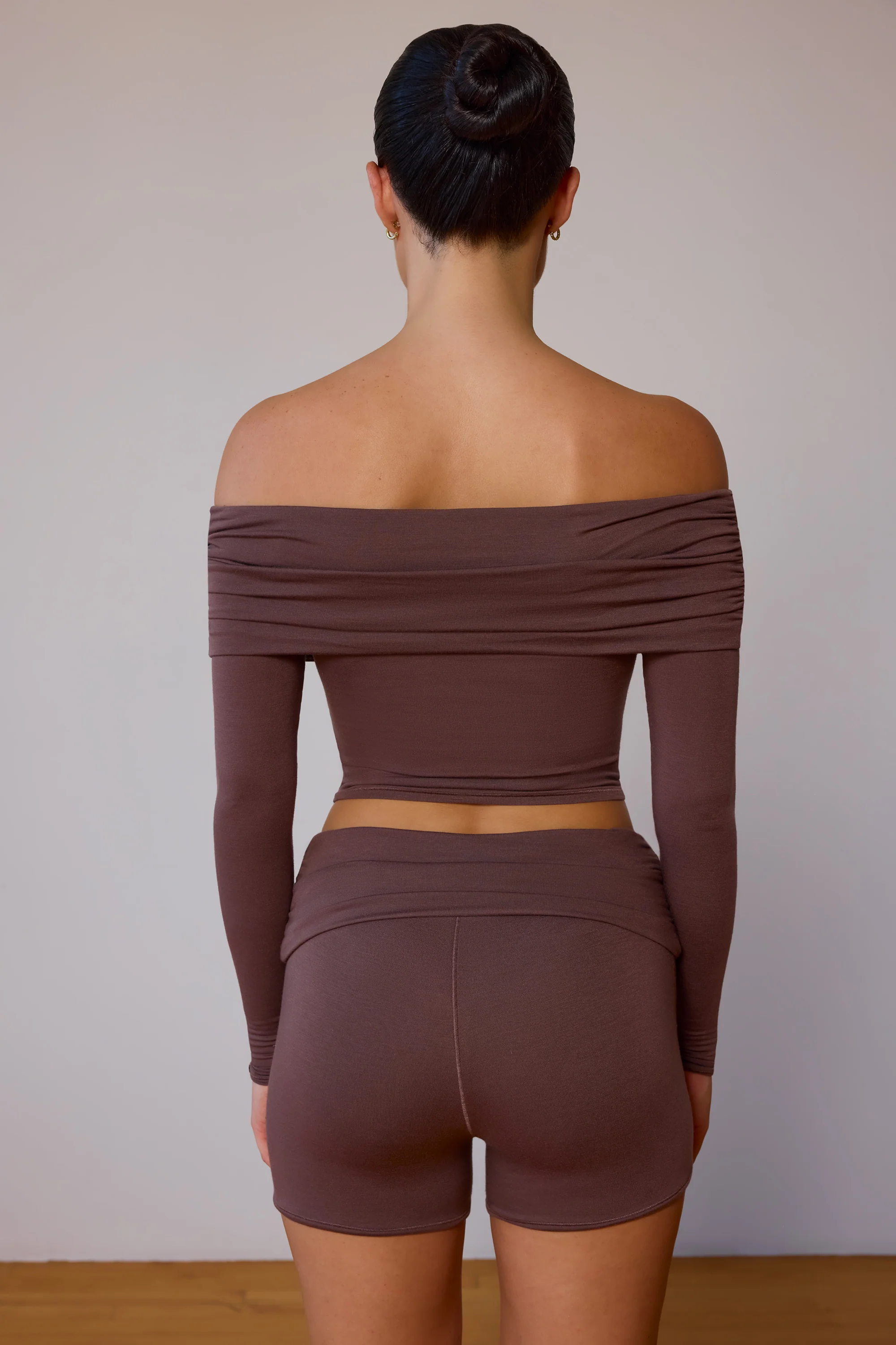 Sheer Off-Shoulder Long-Sleeve Top in Taupe Brown - Image 3